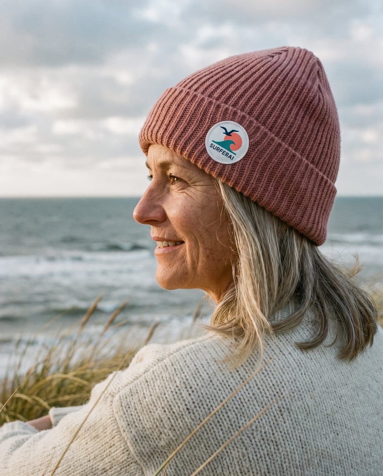 Frau mit altrosa Fisherman Beanie in den Dünen