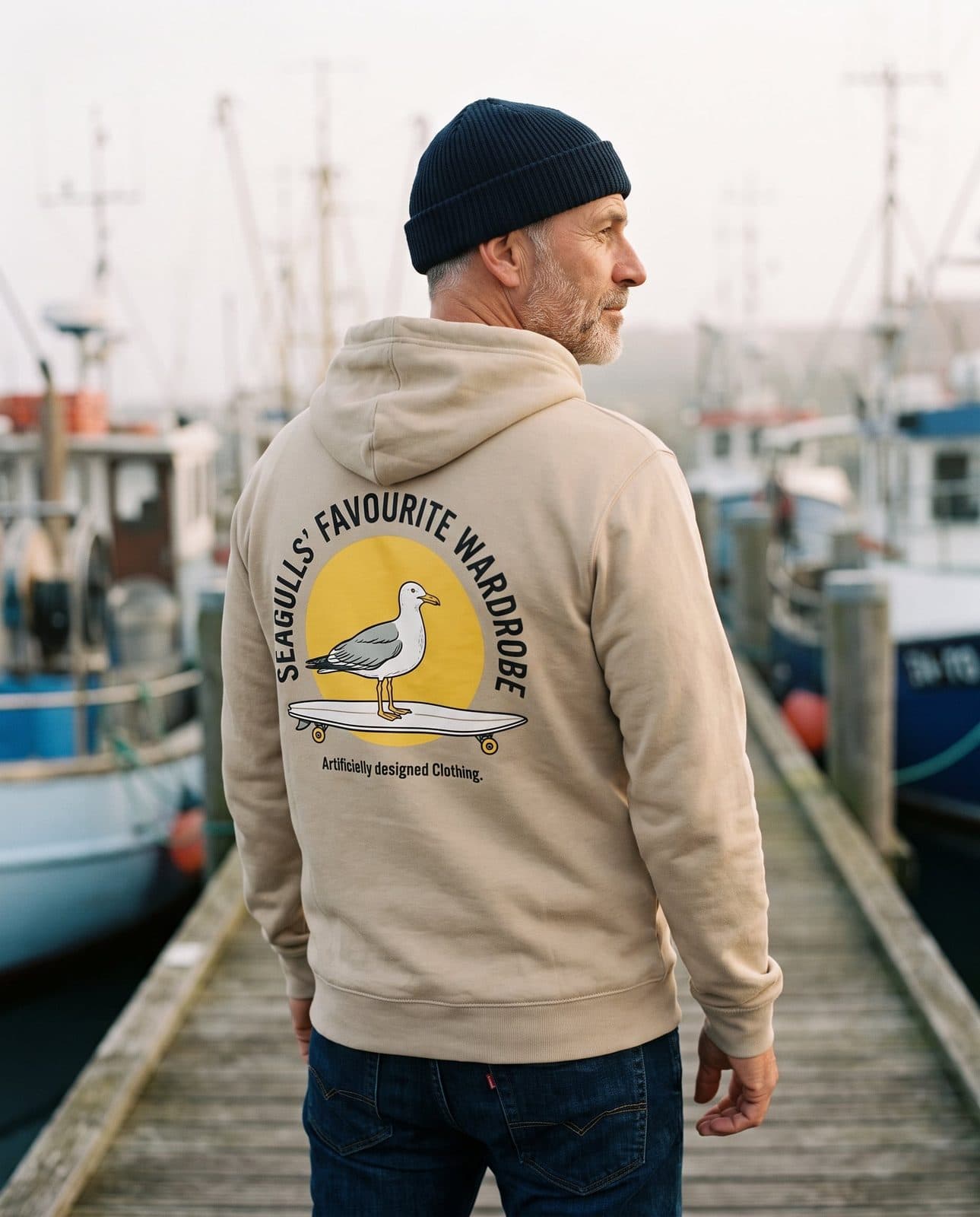 Mann im sandfarbenen Hoodie „Seagulls’ Favourite“ am Hafen